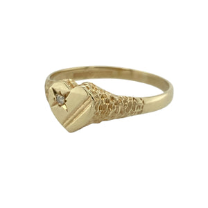 Bring sweet charm and subtle sparkle to your collection with this pre-owned 9ct yellow gold diamond heart signet ring—perfect for adding a touch of romance to any look.

Design: The ring features a 7mm high heart-shaped front with a patterned finish, accented by a single diamond for a hint of brilliance.
Material: Made from 9-carat yellow gold, the polished surface enhances the warm tone and highlights the intricate detailing.

