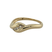 Load image into Gallery viewer, Bring elegant movement and subtle sparkle to your collection with this pre-owned 9ct yellow gold diamond twist band ring—perfect for adding a graceful touch to everyday style or marking a special occasion.

Design: The ring features a 6mm wide front with an interwoven twist design, accented by diamonds for a delicate shimmer.
Material: Made from 9-carat yellow gold, the polished finish enhances the warm tone and complements the brilliance of the diamonds.

