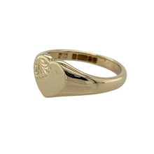 Load image into Gallery viewer, Bring sweet charm and vintage-inspired detail to your collection with this pre-owned 9ct yellow gold patterned heart signet ring—perfect for adding a touch of romance to any look.

Design: The ring features a 9mm high heart-shaped front with a decorative patterned finish for added character.
Material: Made from 9-carat yellow gold, the polished surface enhances the warm tone and highlights the intricate detailing.

