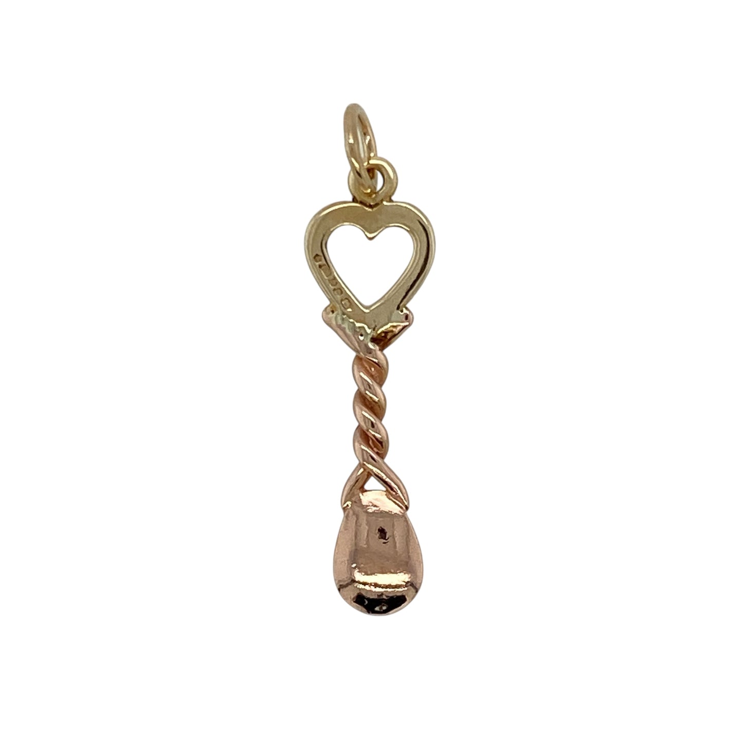 Bring romantic charm and traditional Welsh heritage to your collection with this pre-owned 9ct yellow and rose gold Clogau lovespoon pendant—perfect as a symbol of love and affection.

Design: The pendant is inspired by the traditional Welsh lovespoon, crafted in yellow gold with delicate rose gold detailing for contrast and warmth.
Material: Made from 9-carat yellow and rose gold, the polished finish enhances the intricate design and dual-tone beauty.
