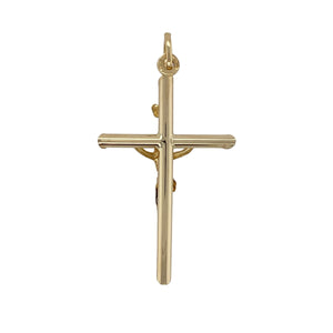 Bring symbolic meaning and classic style to your collection with this pre-owned 9ct yellow gold large crucifix pendant—perfect as a statement of faith and devotion.

Design: The pendant features a traditional crucifix design with detailed craftsmanship for a timeless and meaningful look.
Material: Made from 9-carat yellow gold, the polished finish enhances the warm tone and highlights the fine details.
Pendant Detail: The larger size makes it ideal for pairing with a substantial chain for a bold presence.
