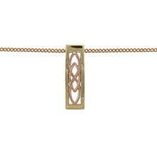 Load image into Gallery viewer, Bring symbolic beauty and golden contrast to your collection with this pre-owned 9ct yellow and rose gold Clogau Celtic knot rectangle pendant on a 20&quot; curb chain—an elegant design with timeless meaning.

Design: The pendant features an intricate Celtic knot motif within a rectangular frame, crafted in yellow and rose gold for striking contrast. Measuring 2.1cm in length, it offers a refined yet distinctive look.
