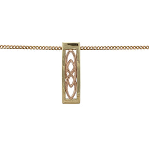 Bring symbolic beauty and golden contrast to your collection with this pre-owned 9ct yellow and rose gold Clogau Celtic knot rectangle pendant on a 20" curb chain—an elegant design with timeless meaning.

Design: The pendant features an intricate Celtic knot motif within a rectangular frame, crafted in yellow and rose gold for striking contrast. Measuring 2.1cm in length, it offers a refined yet distinctive look.