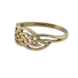 Bring heritage style and timeless detail to your collection with this pre-owned 9ct yellow gold Celtic knot weave band ring—an elegant design with symbolic character.

Design: The ring features an intricate Celtic knot weave pattern across the front of the band, symbolising eternity and interconnectedness.
Material: Made from 9-carat yellow gold, the polished finish highlights the detailed knotwork and adds classic appeal.
