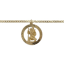 Load image into Gallery viewer, Bring faith and presence to your collection with this pre-owned 9ct yellow gold open round St Christopher pendant on a 24&quot; curb chain—a meaningful piece with timeless appeal.

Design: The pendant features an open round design with the image of St Christopher, the patron saint of travellers, measuring 3.1cm long including the bail.
Material: Made from 9-carat yellow gold, the polished finish enhances the detailed imagery and adds enduring style.

