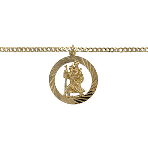 Bring faith and presence to your collection with this pre-owned 9ct yellow gold open round St Christopher pendant on a 24" curb chain—a meaningful piece with timeless appeal.

Design: The pendant features an open round design with the image of St Christopher, the patron saint of travellers, measuring 3.1cm long including the bail.
Material: Made from 9-carat yellow gold, the polished finish enhances the detailed imagery and adds enduring style.
