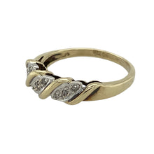 Load image into Gallery viewer, Bring elegant contrast and subtle sparkle to your collection with this pre-owned 9ct yellow and white gold diamond twist band ring—a refined design with timeless appeal.

Design: The ring features an interwoven twist of yellow and white gold across the front of the band, accented with diamond detailing for added brilliance. The front of the band measures 5mm wide, giving it a graceful presence.

