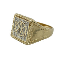 Load image into Gallery viewer, Bring bold style and symbolic detail to your collection with this pre-owned 9ct yellow and white gold diamond Celtic knot signet ring—a striking design with heritage character.

Design: The ring features an intricate Celtic knot motif highlighted with diamond accents, set on a bold 15mm high signet-style front for a commanding presence.
Material: Made from 9-carat yellow and white gold, the polished finish enhances the two-tone contrast and the sparkle of the diamonds.

