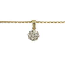 Load image into Gallery viewer, Bring refined sparkle and golden elegance to your collection with this pre-owned 9ct yellow gold diamond cluster pendant on an 18&quot; curb chain—a timeless design with graceful brilliance.

Design: The pendant features a classic diamond cluster design, measuring 1.4cm long including the bail, offering a delicate yet eye-catching look.
Material: Made from 9-carat yellow gold, the polished finish enhances the brilliance of the diamonds and adds classic appeal.

