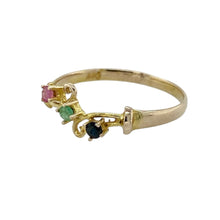 Load image into Gallery viewer, Bring vibrant colour and delicate charm to your collection with this pre-owned 9ct yellow gold band ring, accented with ruby, emerald, and sapphire for a timeless touch of elegance—perfect for subtle everyday wear or treasured keepsakes.

Design: The band features a trio of gemstones—ruby, emerald, and sapphire—arranged with classic scroll detailing that adds vintage-inspired character and refinement.

