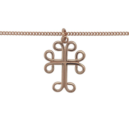 Bring heritage symbolism and timeless elegance to your collection with this pre-owned 9ct rose Welsh gold Celtic-style cross pendant necklace, a meaningful design with lasting beauty.

Design: The pendant measures 2.7cm long including the bail and features a traditional Celtic cross design with intricate detailing, suspended from an 18" curb chain.
Material: Made from 9-carat rose Welsh gold, the warm tone highlights the Celtic styling while celebrating the rarity and heritage of Welsh gold.

