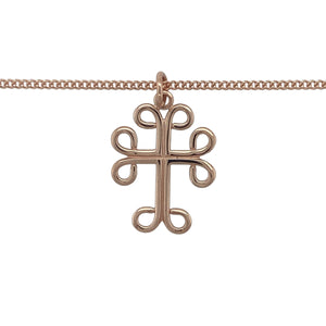 Bring heritage symbolism and timeless elegance to your collection with this pre-owned 9ct rose Welsh gold Celtic-style cross pendant necklace, a meaningful design with lasting beauty.

Design: The pendant measures 2.7cm long including the bail and features a traditional Celtic cross design with intricate detailing, suspended from an 18" curb chain.
Material: Made from 9-carat rose Welsh gold, the warm tone highlights the Celtic styling while celebrating the rarity and heritage of Welsh gold.
