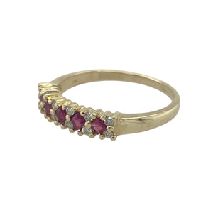 Bring rich colour and sparkling elegance to your collection with this pre-owned 9ct yellow gold diamond and ruby band ring—a refined design with timeless appeal.

Design: The ring features a 4mm wide band accented with alternating rubies and diamonds, creating a classic contrast of deep red and brilliant sparkle.
Material: Made from 9-carat yellow gold, the polished finish enhances the warmth of the gold and complements the gemstones.
