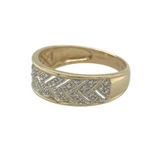 Load image into Gallery viewer, Bring bold detail and refined sparkle to your collection with this pre-owned 9ct yellow and white gold diamond patterned band ring—a striking design with timeless character.

Design: The ring features a 7mm wide band decorated with a detailed pattern and accented with diamonds for added brilliance.
Material: Made from 9-carat yellow and white gold, the polished finish enhances the two-tone contrast and highlights the sparkle of the diamonds.

