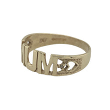 Load image into Gallery viewer, Bring sentimental charm and golden elegance to your collection with this pre-owned 9ct yellow gold diamond Mum ring—a meaningful design with timeless appeal.

Design: The ring features the word Mum across the front, measuring 6mm wide, with two small diamonds set on the shoulders for added sparkle.
Material: Made from 9-carat yellow gold, the polished finish enhances the warm tone of the gold and complements the diamond accents.

