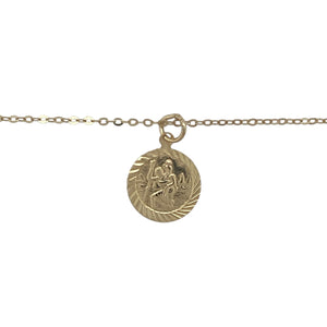 Bring faith and protection to your collection with this pre-owned 9ct yellow gold St Christopher pendant on an 18" fine trace chain—a meaningful design with timeless appeal.

Design: The pendant features a classic round St Christopher motif, measuring 1.6cm long including the bail, symbolising guidance and safe travel.
Material: Made from 9-carat yellow gold, the polished finish enhances the detailed design and adds lasting elegance.
