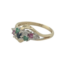 Load image into Gallery viewer, Bring vibrant colour and sparkling detail to your collection with this pre-owned 9ct yellow gold diamond, sapphire, emerald, and ruby cluster swirl ring—a lively design with timeless elegance.

Design: The ring features a swirling cluster arrangement set with diamonds, sapphires, emeralds, and rubies, creating a colourful and eye-catching look.
Material: Made from 9-carat yellow gold, the polished finish enhances the brilliance of the diamonds and the rich tones of the coloured gemstones.

