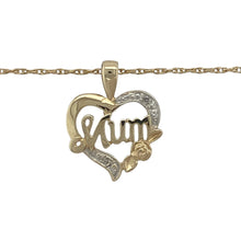 Load image into Gallery viewer, Bring sentimental charm and sparkling elegance to your collection with this pre-owned 9ct yellow gold diamond Mum heart pendant on a 20&quot; Prince of Wales chain—a meaningful design with timeless appeal.

Design: The pendant features an open heart motif with the word Mum at the centre, accented with diamonds for added sparkle. It measures 2cm long including the bail.
Material: Made from 9-carat yellow gold, the polished finish enhances the warmth of the gold and the brilliance of the diamonds.

