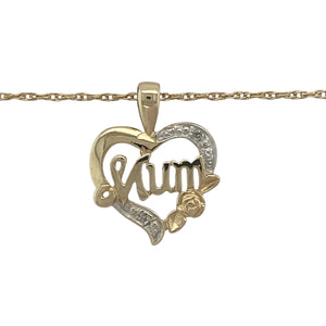 Bring sentimental charm and sparkling elegance to your collection with this pre-owned 9ct yellow gold diamond Mum heart pendant on a 20" Prince of Wales chain—a meaningful design with timeless appeal.

Design: The pendant features an open heart motif with the word Mum at the centre, accented with diamonds for added sparkle. It measures 2cm long including the bail.
Material: Made from 9-carat yellow gold, the polished finish enhances the warmth of the gold and the brilliance of the diamonds.
