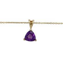 Load image into Gallery viewer, Bring vibrant colour and elegant style to your collection with this pre-owned 9ct yellow gold amethyst trillion pendant on an adjustable 16&quot;–18&quot; trace chain, offering refined beauty and versatile wear—perfect for everyday elegance or special occasions.

Design: The pendant measures 1.4cm long including the bail and features a striking trillion-cut amethyst, showcasing its rich purple hue with a modern shape.

