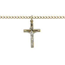 Load image into Gallery viewer, Bring meaningful symbolism and timeless style to your collection with this pre-owned 9ct yellow and white gold crucifix pendant on a 20&quot; curb chain, offering classic design with spiritual significance—perfect for everyday wear or special occasions.

Design: The pendant measures 3cm long including the bail and features a detailed crucifix design in contrasting yellow and white gold for added depth and definition.

