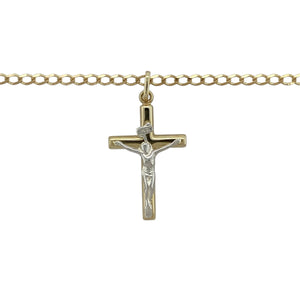 Bring meaningful symbolism and timeless style to your collection with this pre-owned 9ct yellow and white gold crucifix pendant on a 20" curb chain, offering classic design with spiritual significance—perfect for everyday wear or special occasions.

Design: The pendant measures 3cm long including the bail and features a detailed crucifix design in contrasting yellow and white gold for added depth and definition.
