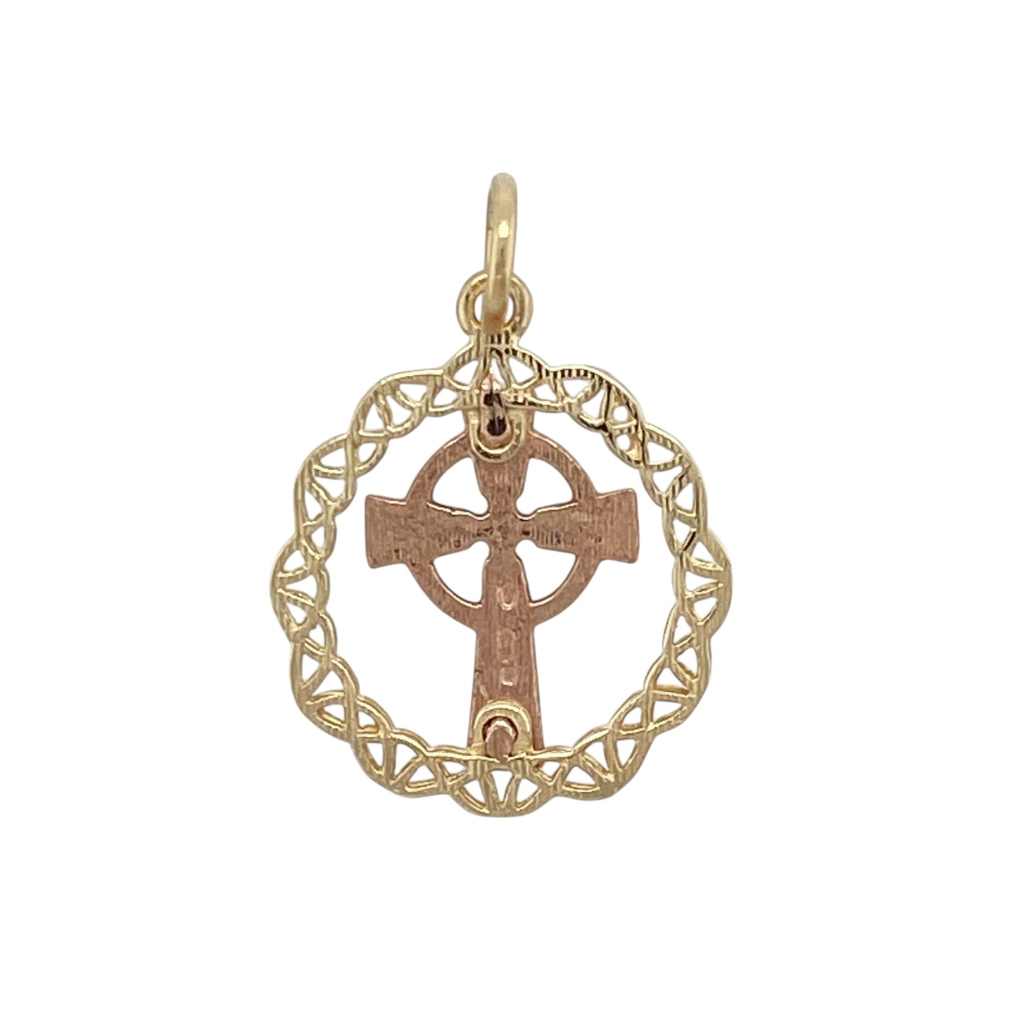 Bring heritage symbolism and timeless style to your collection with this pre-owned 9ct yellow and rose gold Welsh Celtic knot cross circle pendant, blending tradition with elegant detail—perfect as a meaningful keepsake or everyday accessory.

Design: The pendant features an intricate Celtic knot cross framed within a circular design, symbolising eternity, unity, and faith.
Material: Made from 9-carat yellow and rose gold, the polished finish highlights the warm contrast between the two tones of gold.