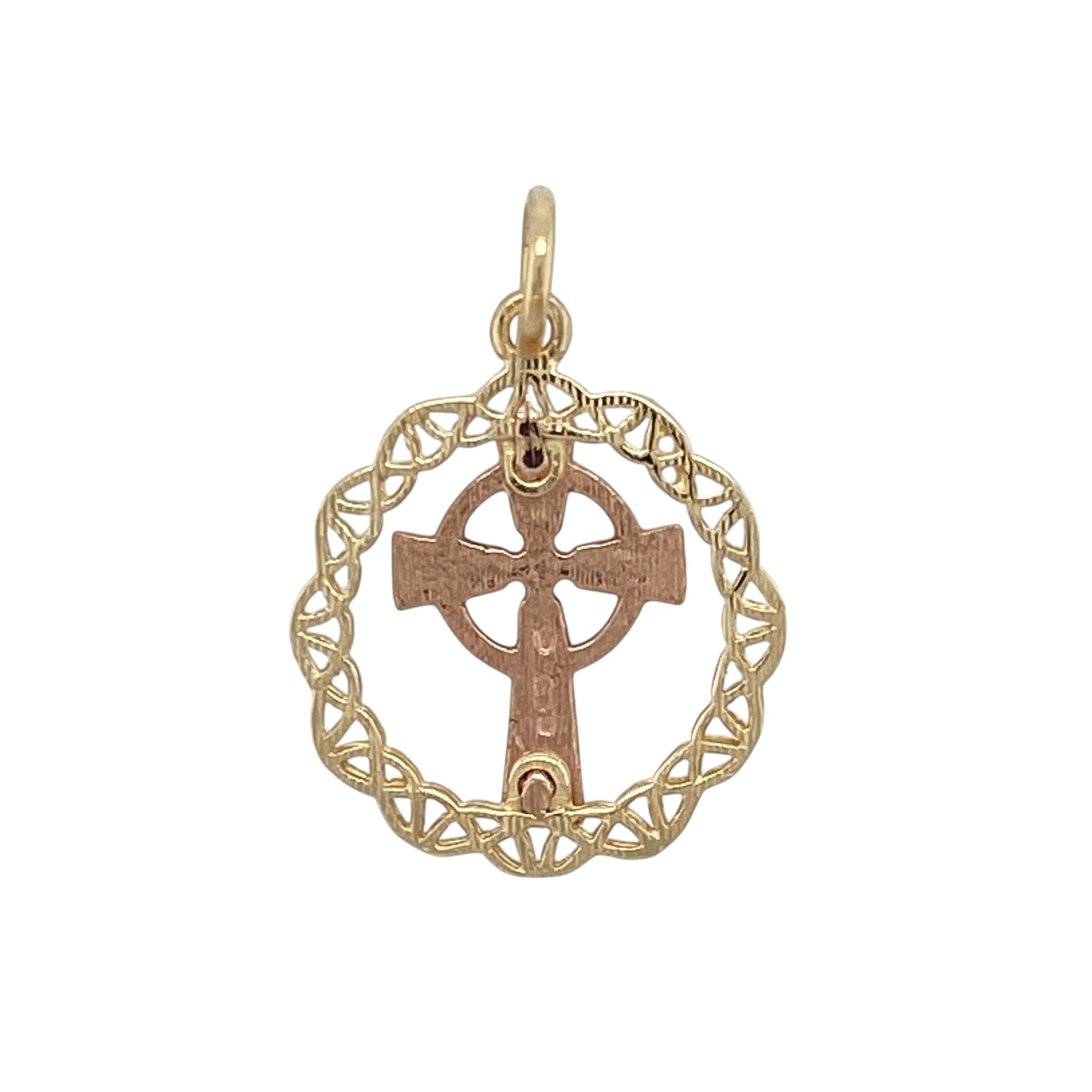 Bring heritage symbolism and timeless style to your collection with this pre-owned 9ct yellow and rose gold Welsh Celtic knot cross circle pendant, blending tradition with elegant detail—perfect as a meaningful keepsake or everyday accessory.

Design: The pendant features an intricate Celtic knot cross framed within a circular design, symbolising eternity, unity, and faith.
Material: Made from 9-carat yellow and rose gold, the polished finish highlights the warm contrast between the two tones of gold.