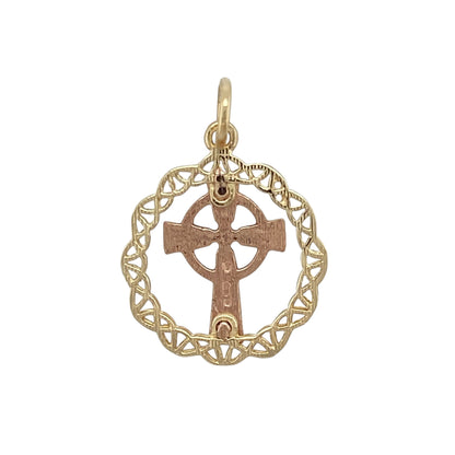 Bring heritage symbolism and timeless style to your collection with this pre-owned 9ct yellow and rose gold Welsh Celtic knot cross circle pendant, blending tradition with elegant detail—perfect as a meaningful keepsake or everyday accessory.

Design: The pendant features an intricate Celtic knot cross framed within a circular design, symbolising eternity, unity, and faith.
Material: Made from 9-carat yellow and rose gold, the polished finish highlights the warm contrast between the two tones of gold.