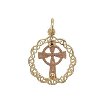 Load image into Gallery viewer, Bring heritage symbolism and timeless style to your collection with this pre-owned 9ct yellow and rose gold Welsh Celtic knot cross circle pendant, blending tradition with elegant detail—perfect as a meaningful keepsake or everyday accessory.

Design: The pendant features an intricate Celtic knot cross framed within a circular design, symbolising eternity, unity, and faith.
Material: Made from 9-carat yellow and rose gold, the polished finish highlights the warm contrast between the two tones of gold.
