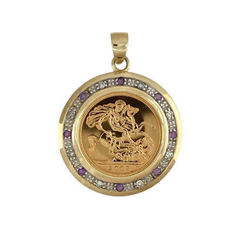 9ct Gold Diamond & Amethyst Set Mount Pendant with 22ct Gold Half Sovereign