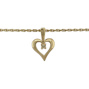 Bring romantic elegance and timeless style to your collection with this pre-owned 9ct yellow gold diamond open heart pendant on a 16" Prince of Wales chain, offering symbolic beauty and everyday sophistication.

Design: The pendant measures 1.8cm long including the bail and features an open heart motif accented with sparkling diamonds for added brilliance.
Material: Made from 9-carat yellow gold, the polished finish enhances the warm tone of the gold while complementing the sparkle of the diamonds.