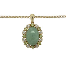 Load image into Gallery viewer, Bring vibrant colour and elegant detail to your collection with this pre-owned 9ct yellow gold pendant set with diamond, peridot, and jade on an 18&quot; belcher chain, offering a unique combination of gemstones in a refined design—perfect for statement wear or special occasions.

Design: The pendant measures 2.7cm long including the bail and features a striking arrangement of jade and peridot, accented by sparkling diamonds for added brilliance.

