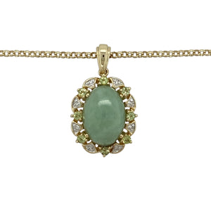 Bring vibrant colour and elegant detail to your collection with this pre-owned 9ct yellow gold pendant set with diamond, peridot, and jade on an 18" belcher chain, offering a unique combination of gemstones in a refined design—perfect for statement wear or special occasions.

Design: The pendant measures 2.7cm long including the bail and features a striking arrangement of jade and peridot, accented by sparkling diamonds for added brilliance.
