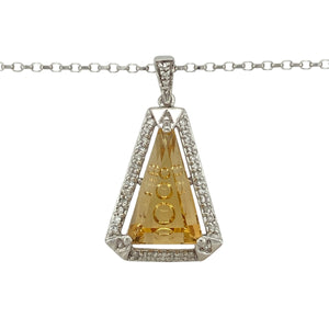 Bring warm colour and refined sparkle to your collection with this pre-owned 9ct white gold citrine and diamond pendant on an 18" belcher chain, offering timeless elegance with a vibrant twist—perfect for special occasions or statement everyday wear.

Design: The pendant measures 3.5cm long including the bail and features a striking triangular citrine, accented with sparkling diamonds for added brilliance.
