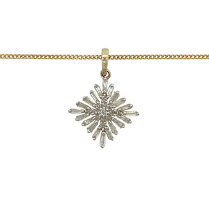 Bring refined sparkle and timeless elegance to your collection with this pre-owned 9ct yellow gold diamond cluster pendant on a 20" curb chain, offering classic brilliance with a versatile design—perfect for both everyday wear and special occasions.

Design: The pendant measures 2.3cm long including the bail and features a cluster of brilliant and baguette-cut diamonds, creating a striking play of light and texture.
