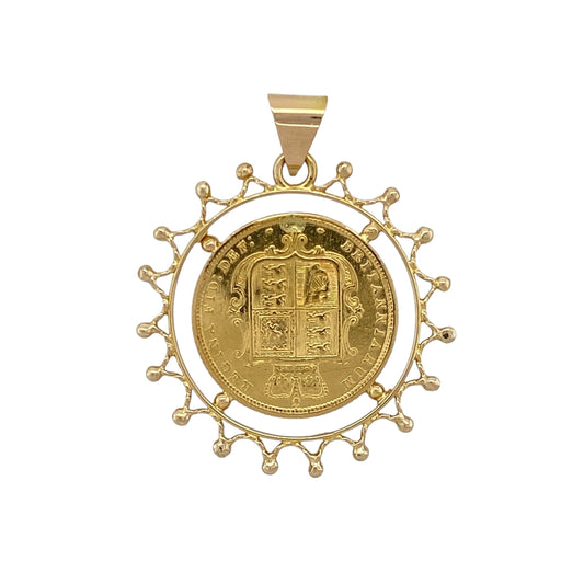 Bring heritage charm and collectible value to your collection with this pre-owned 9ct yellow gold decorative mount pendant set with a 22ct gold half sovereign, featuring a Young Head Queen Victoria coin dated 1884—perfect as both a statement accessory and a collector’s treasure.

Design: The pendant features an 1884 Young Head Queen Victoria half sovereign, struck in coin alignment, framed within an ornate 9ct gold decorative mount for a refined and striking finish.