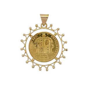 Bring heritage charm and collectible value to your collection with this pre-owned 9ct yellow gold decorative mount pendant set with a 22ct gold half sovereign, featuring a Young Head Queen Victoria coin dated 1884—perfect as both a statement accessory and a collector’s treasure.

Design: The pendant features an 1884 Young Head Queen Victoria half sovereign, struck in coin alignment, framed within an ornate 9ct gold decorative mount for a refined and striking finish.
