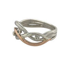 Load image into Gallery viewer, Bring flowing elegance and sparkling detail to your collection with this pre-owned Clogau Waterfall ring in sterling silver, 9ct rose gold, and white topaz, inspired by nature’s movement with a refined finish—perfect for both everyday wear and special occasions.

Design: The ring measures 9mm wide at the front and features cascading white topaz stones arranged in a flowing waterfall-inspired pattern.


