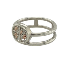 Load image into Gallery viewer, Bring symbolic meaning and elegant detail to your collection with this pre-owned Clogau Tree of Life ring in sterling silver and 9ct rose gold, representing growth, strength, and new beginnings—perfect as a thoughtful gift or meaningful keepsake.

Design: The ring features a 10mm high round Tree of Life emblem, set on a distinctive two-band design for a bold and stylish look.

