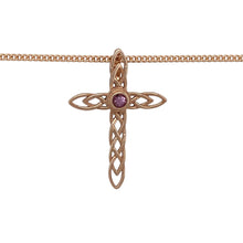 Load image into Gallery viewer, Bring heritage symbolism and elegant colour to your collection with this pre-owned Clogau Celtic cross pendant in 9ct rose gold, set with pink sapphire on an 18&quot; Clogau curb chain—perfect as a meaningful keepsake or statement accessory.

Design: The pendant measures 3cm long and features a traditional Celtic cross detailed with intricate patterns and set with a 3mm round pink sapphire at the centre.

