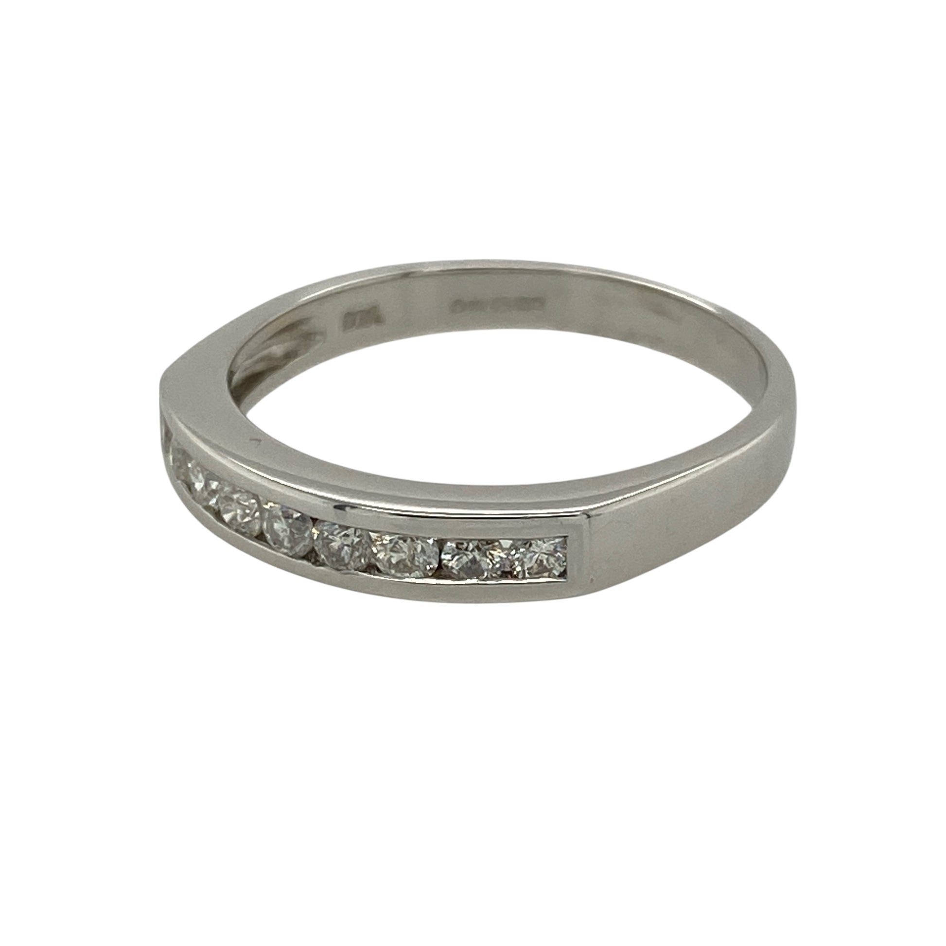 Elevate your collection with this pre-owned 18ct white gold diamond band ring, combining timeless design with refined sparkle—perfect for everyday elegance or celebrating a special milestone.

Design: The ring features a band of sparkling diamonds across the front, offering brilliance and sophistication in a classic style.
Material: Made from 18-carat white gold, the polished finish enhances the natural fire of the diamonds and adds to the ring’s luxurious appeal.
