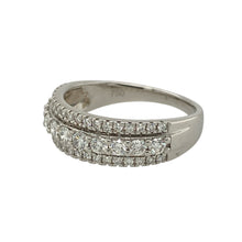 Load image into Gallery viewer, Make a bold and timeless statement with this pre-owned 18ct white gold diamond three row band ring, offering brilliance and sophistication in equal measure—perfect for celebrating milestones or adding lasting luxury to your collection.

Design: The ring features three rows of sparkling diamonds across the front, with the centre row showcasing slightly larger stones for added depth and emphasis.

