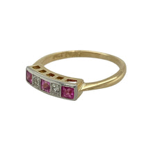 Load image into Gallery viewer, Add colour and sparkle to your collection with this pre-owned 18ct yellow gold and platinum diamond and ruby band ring, a refined design with timeless elegance—perfect for special occasions or everyday luxury.

Design: The ring features alternating square-cut rubies, each measuring 2mm by 2mm, alongside sparkling diamonds for a balanced and eye-catching look.

