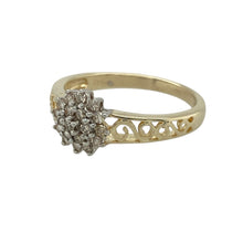 Load image into Gallery viewer, Add sparkle and elegance to your collection with this pre-owned 9ct yellow gold diamond cluster ring, a refined design with delicate detailing—perfect for everyday wear or special occasions.

Design: The ring features a central cluster of diamonds, enhanced by open-pattern shoulders that add lightness and character to the design.
Material: Made from 9-carat yellow gold, the polished finish provides a warm backdrop that complements the brilliance of the diamonds.


