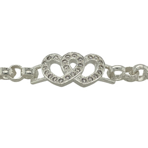 New 925 Silver & Cubic Zirconia Set 6" Double Heart Belcher Bracelet
