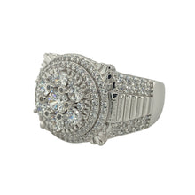 Load image into Gallery viewer, Make a bold statement with this new 925 silver cubic zirconia cluster ring, a striking watch-style design with standout sparkle—perfect for those who love eye-catching jewellery.

Design: The ring features a large round cluster face measuring 17mm high, styled in the look of a watch dial, with additional stones set along the shoulders for extra brilliance.
Material: Made from 925 sterling silver, the polished finish enhances durability while highlighting the sparkle of the cubic zirconia.
