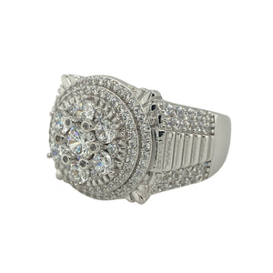 Make a bold statement with this new 925 silver cubic zirconia cluster ring, a striking watch-style design with standout sparkle—perfect for those who love eye-catching jewellery.

Design: The ring features a large round cluster face measuring 17mm high, styled in the look of a watch dial, with additional stones set along the shoulders for extra brilliance.
Material: Made from 925 sterling silver, the polished finish enhances durability while highlighting the sparkle of the cubic zirconia.