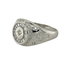 Load image into Gallery viewer, Add modern sparkle to your collection with this new 925 silver cubic zirconia signet ring, a sleek design with symbolic detailing—perfect for everyday wear or statement occasions.

Design: The ring features a 14mm high front set with multiple cubic zirconia stones, while the shoulders are decorated with cross symbols for added character and meaning.
Material: Made from 925 sterling silver, the polished finish enhances durability and complements the brilliance of the stones.
