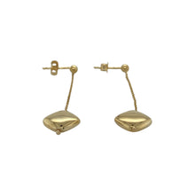 Load image into Gallery viewer, Bring modern elegance and sleek movement to your collection with these pre-owned 9ct yellow gold square chain drop stud earrings—a refined design with contemporary flair.

Design: Each earring features a polished ball stud with a delicate chain drop, finished with an offset square shape that sits like a diamond for a stylish twist.
Material: Made from 9-carat yellow gold, the polished finish enhances the warm golden tone and adds to the elegant design.
